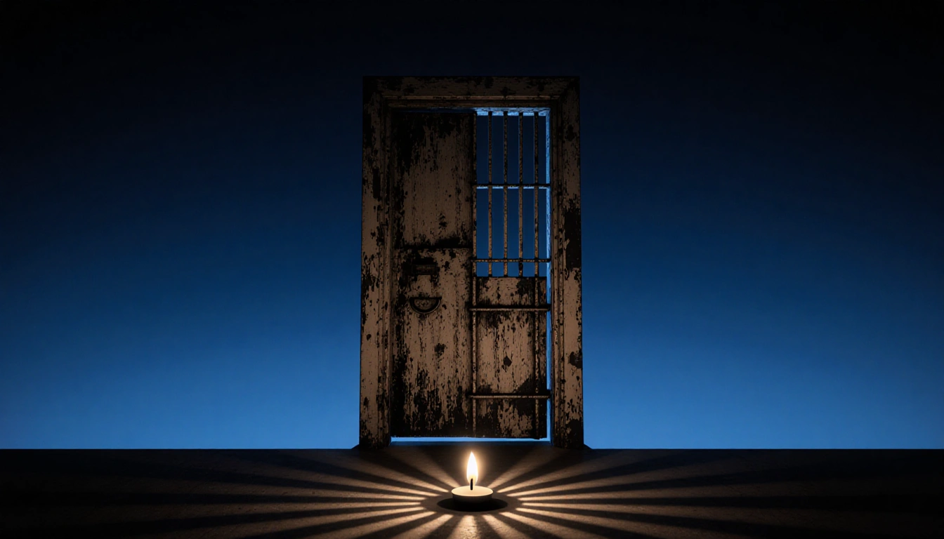 A flickering candle casts shadows on the floor, while a wooden jailhouse door ajar with iron bars lets a sliver of light in.
