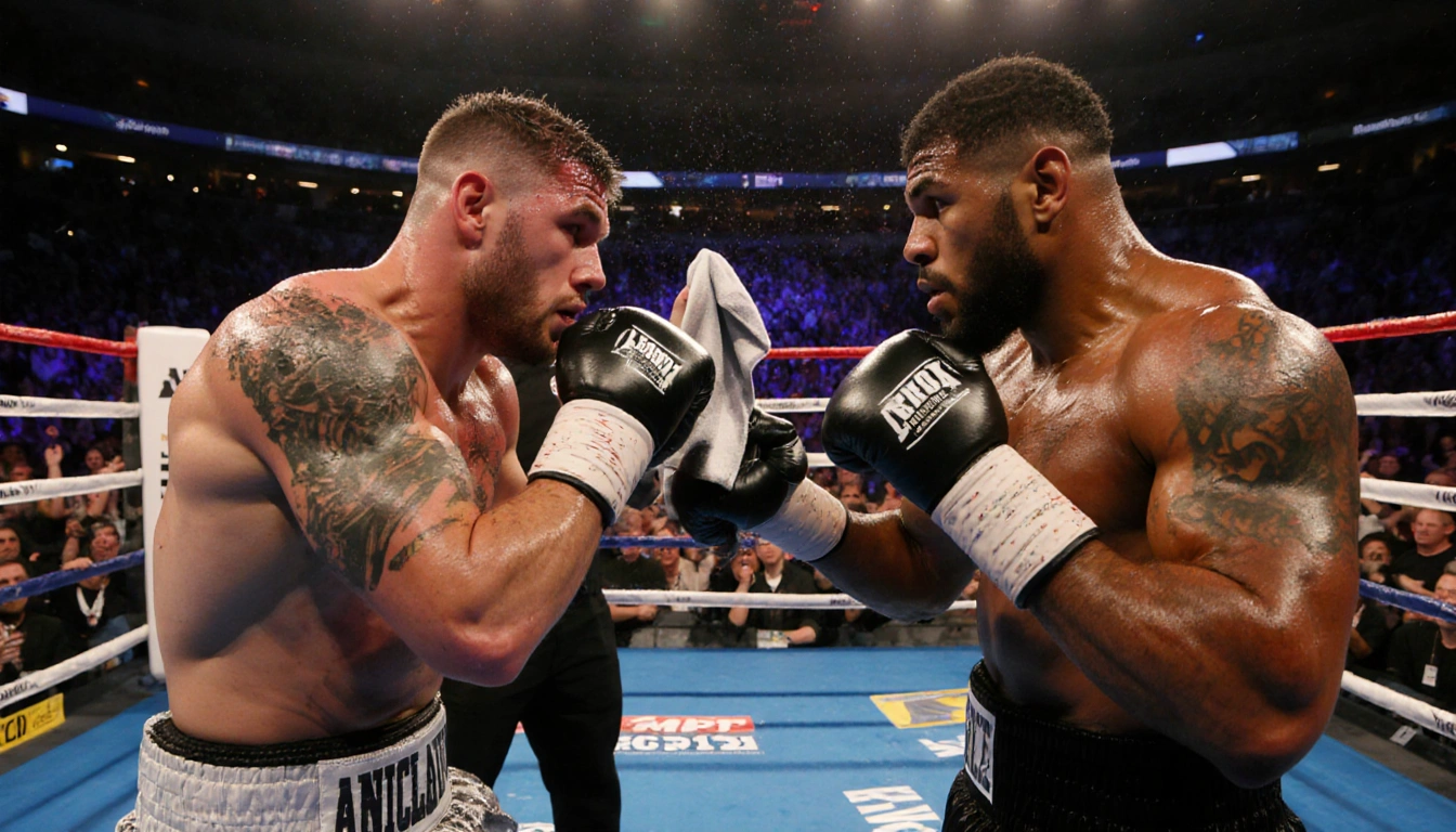Jake Paul jabs at Anthony Joshua with sweat and intense stare amid bright boxing lights in Miami.