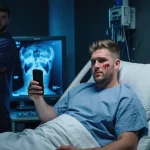 Jake Paul sits in bed holding smartphone showing X‑ray of his broken jaw with blue lighting and Anthony Joshua in background