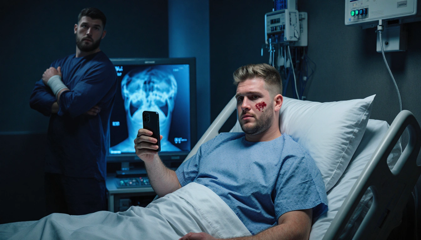 Jake Paul sits in bed holding smartphone showing X‑ray of his broken jaw with blue lighting and Anthony Joshua in background