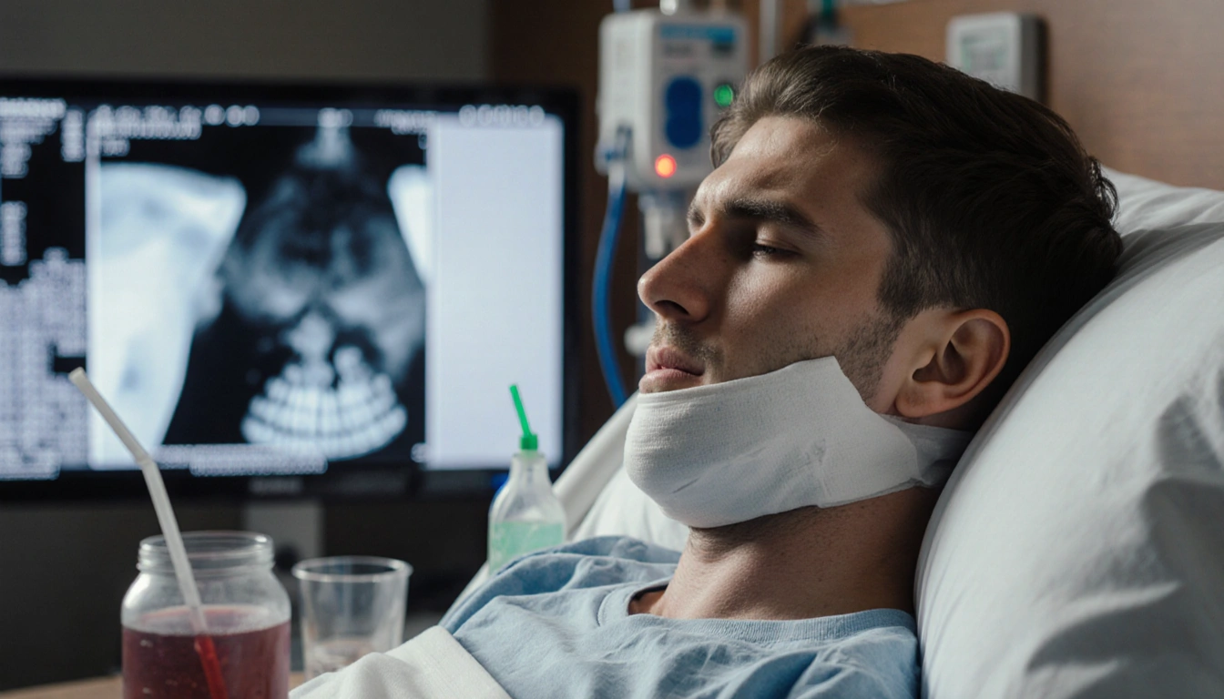 Jake Paul lies in bed with broken jaw and X-ray monitor showing his fractured jaw next to a blurred Anthony Joshua photo.