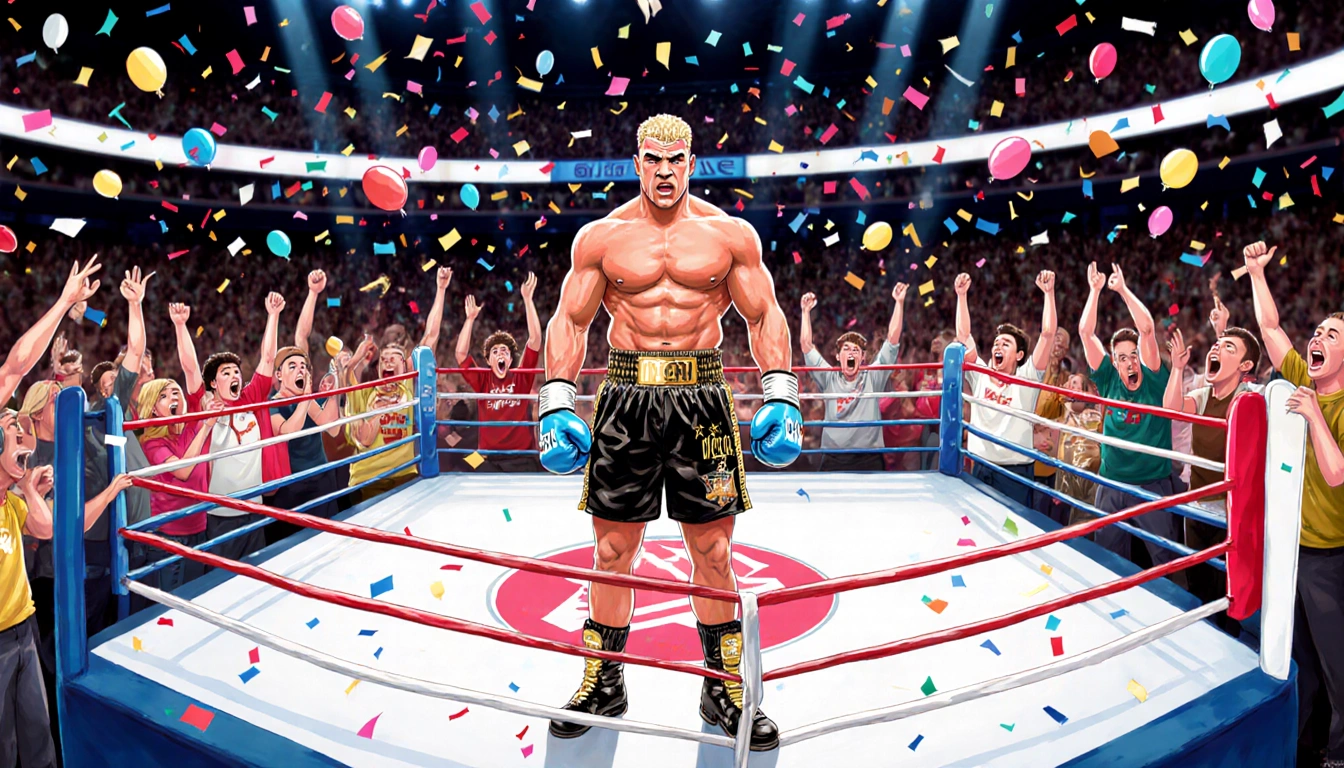 Jake Paul stands in center of boxing ring wearing jacket with confetti and balloons over AT&T Stadium background of fans