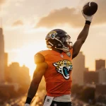 Jakobi Meyers stands proudly with raised arm holding football near Jacksonville Jaguars logo and sunset skyline