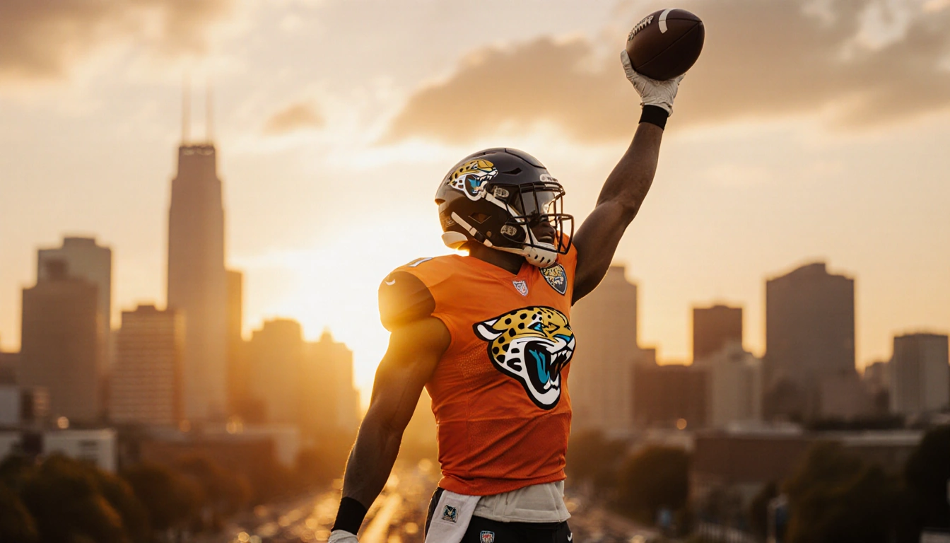 Jakobi Meyers stands proudly with raised arm holding football near Jacksonville Jaguars logo and sunset skyline