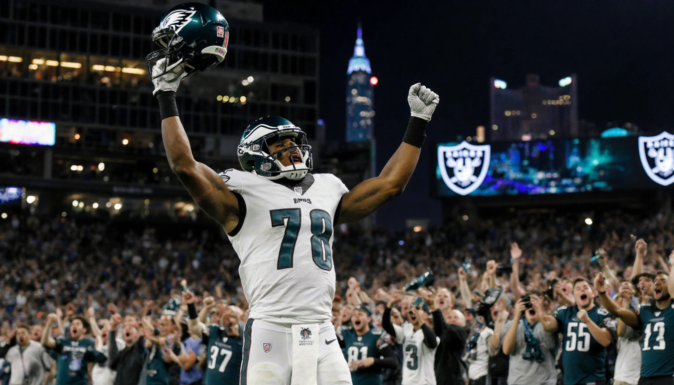 Jalen Hurts stands triumphantly holding his helmet high with cheering Eagles fans and skyline reflected in stadium lights.