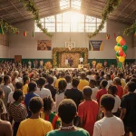 Crowd celebrating with Jamaican flags and tribute display honoring Jimmy Cliff in a sunlit gym.