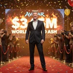 James Cameron standing triumphantly on red carpet with confetti and a giant screen showing $345M