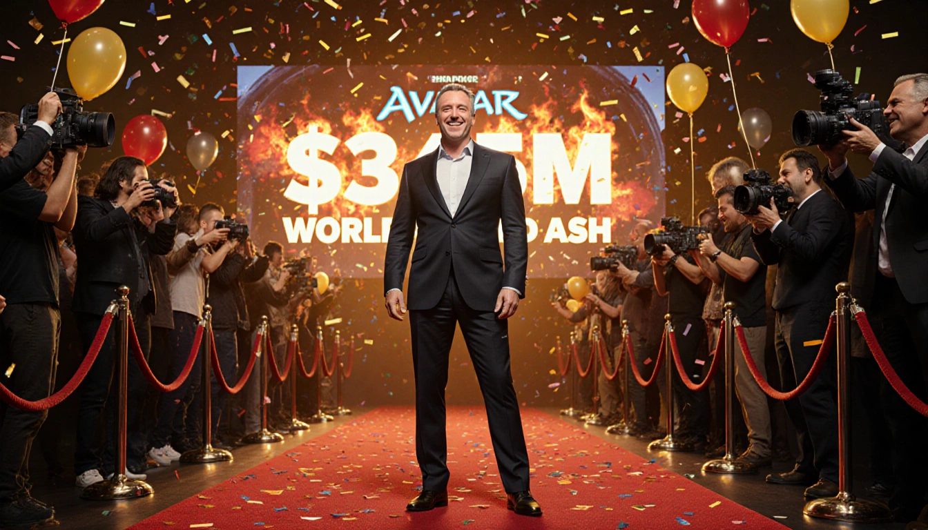 James Cameron standing triumphantly on red carpet with confetti and a giant screen showing $345M