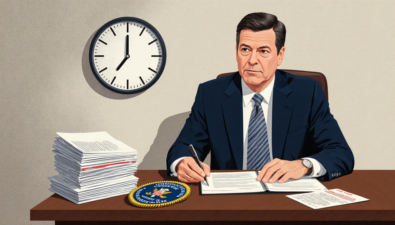 James Comey sits at a wooden desk with papers and a 11:59 PM clock while a discarded badge lies on the floor