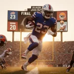James Cook sprinting through the Browns line for a touchdown with scoreboard showing 23-20 and golden sunset behind stadium