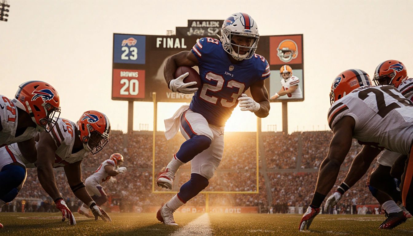 James Cook sprinting through the Browns line for a touchdown with scoreboard showing 23-20 and golden sunset behind stadium