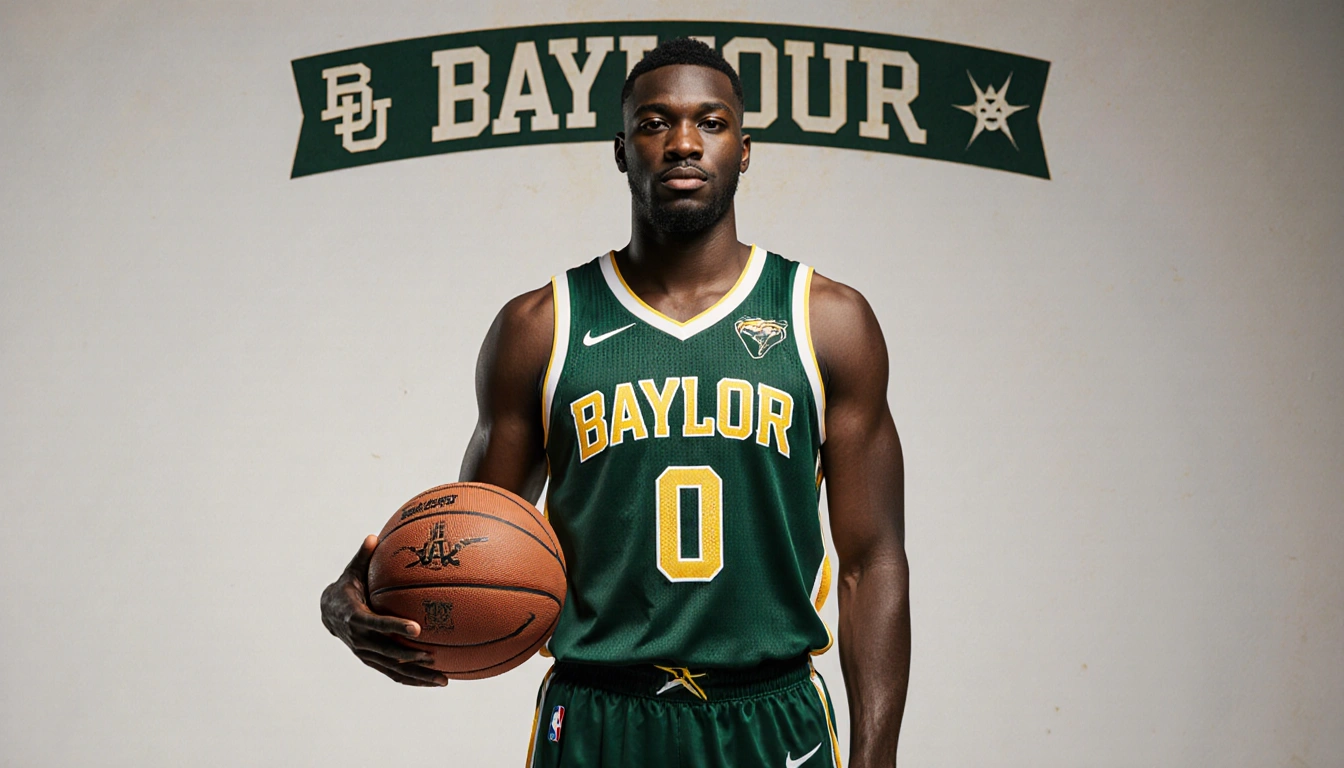 James Nnaji standing with basketball and Bears jersey with European flair over a Baylor backdrop