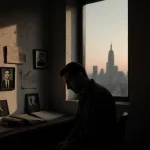 Actor James Ransone sits alone in a darkened dressing room with his face turned downward and cityscape at dusk.