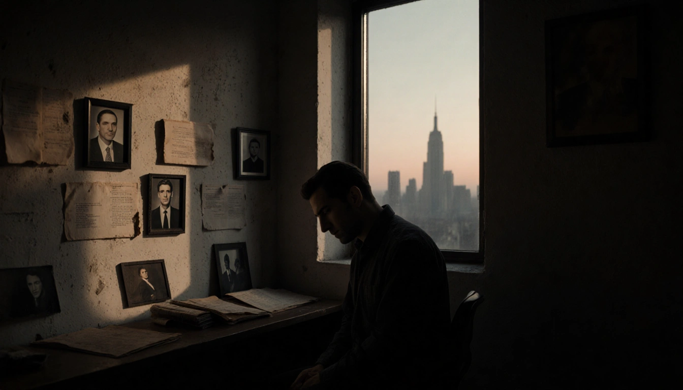 Actor James Ransone sits alone in a darkened dressing room with his face turned downward and cityscape at dusk.