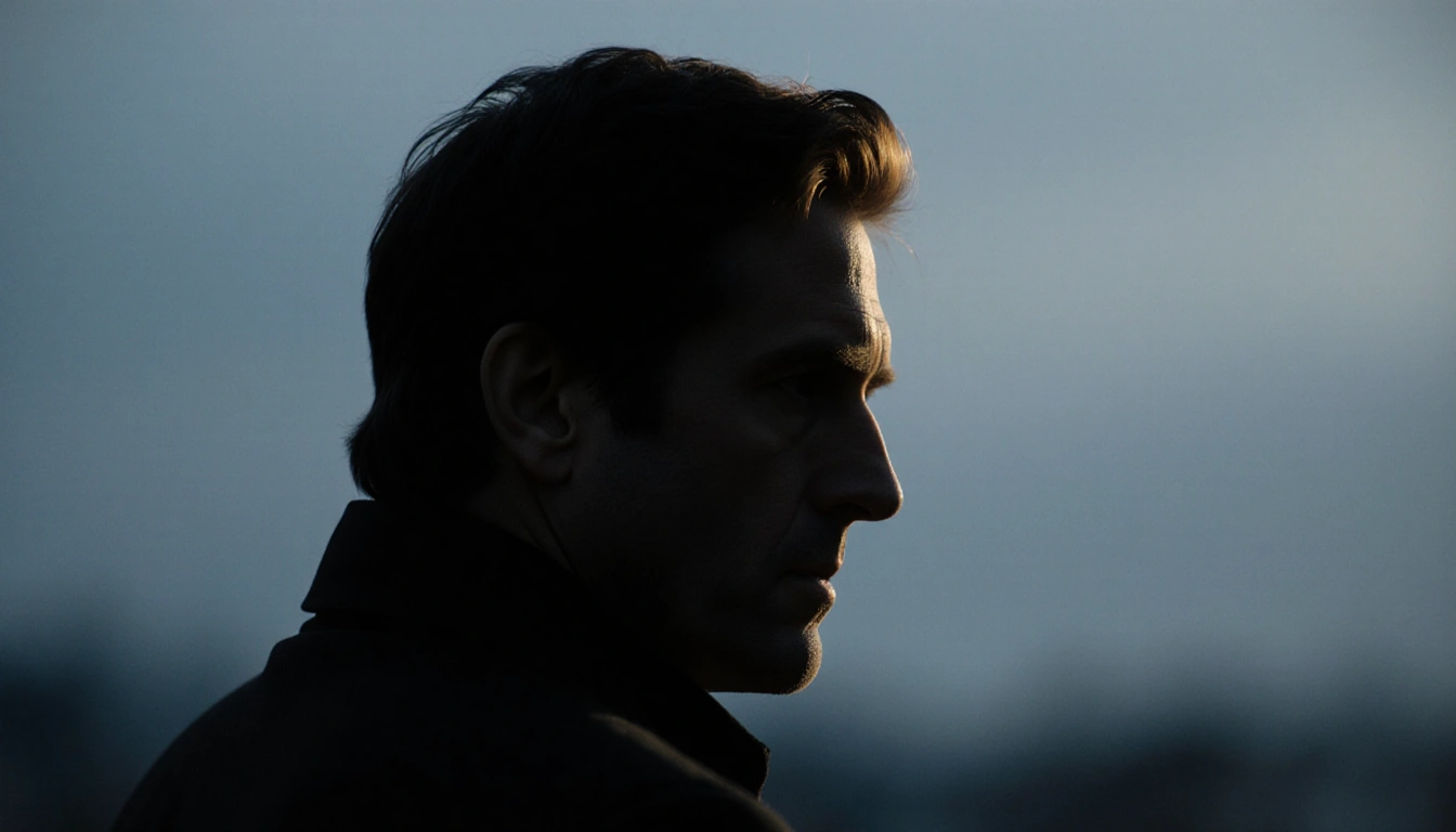 James Ransone turning away in a melancholy portrait with muted blue gray background and golden hair glow