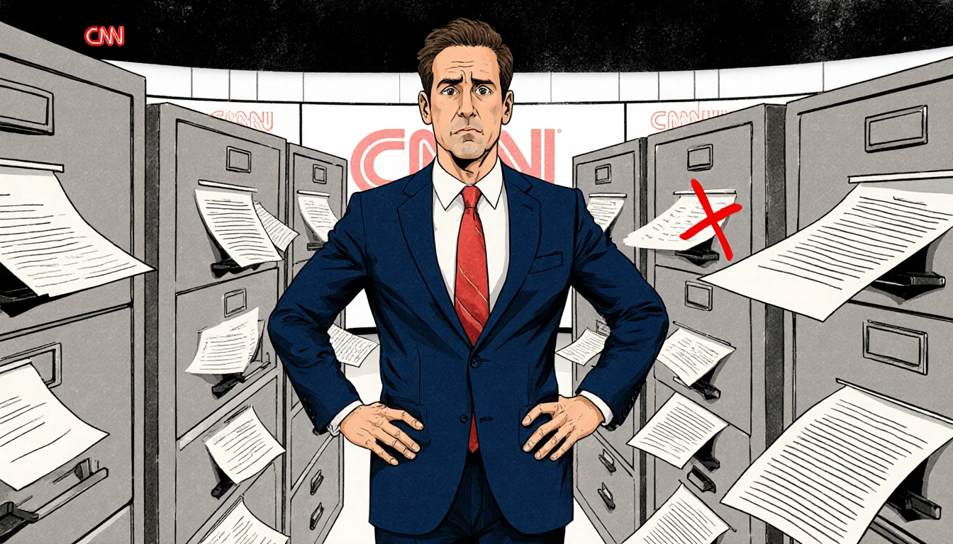 Jamie Raskin stands filing cabinets with open drawers revealing documents against CNN studio backdrop and hands on hips frust