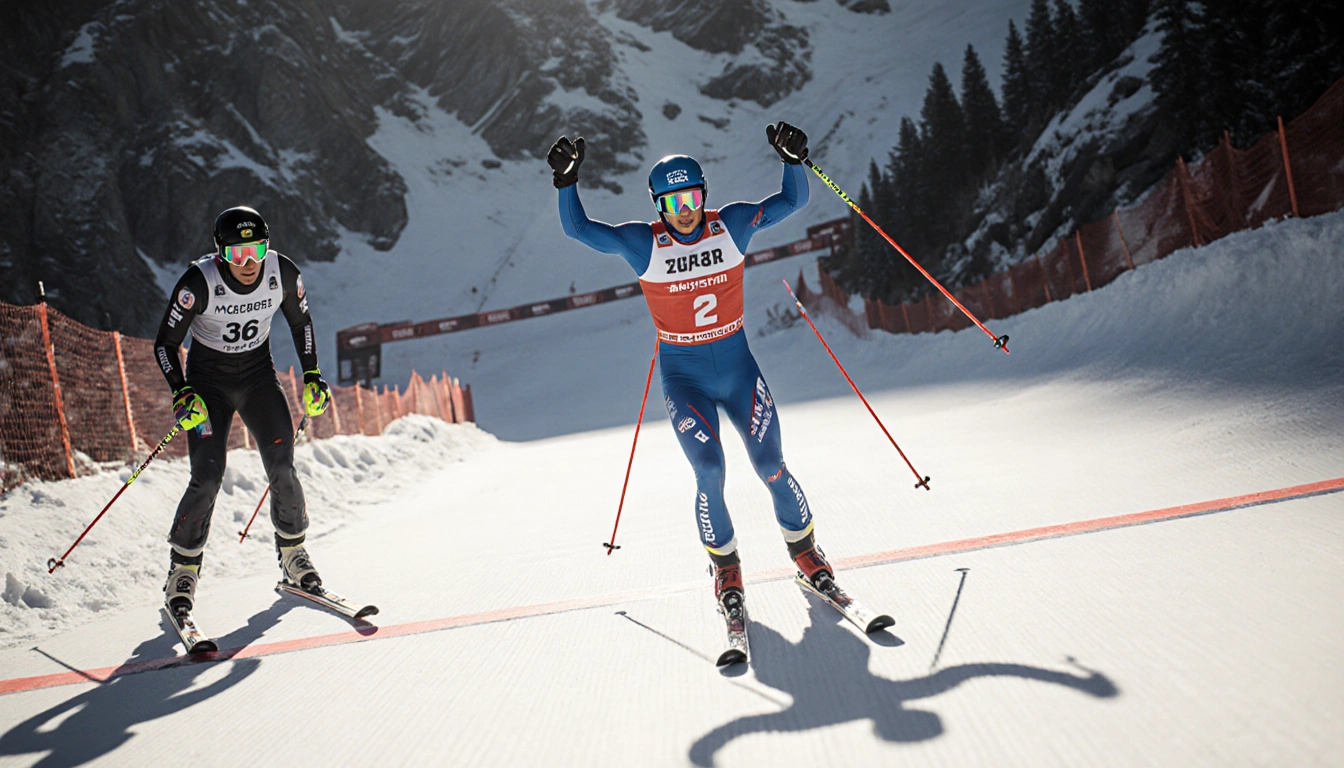 Jan Zabystran crossing the finish line in first place with arms raised on a snowy Val Gardena slope during the World Cup supe