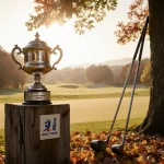 Vintage golf trophy rests on wooden pedestal with golden hour light over autumn greens and a faint golf ball trail
