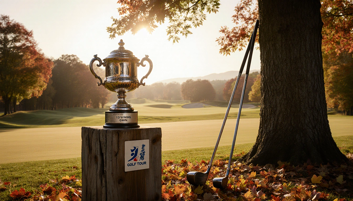 Vintage golf trophy rests on wooden pedestal with golden hour light over autumn greens and a faint golf ball trail