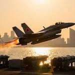Japanese fighter jet taking off with afterburners lit glowing over Tokyo Bay water and the distant Tokyo Tower.