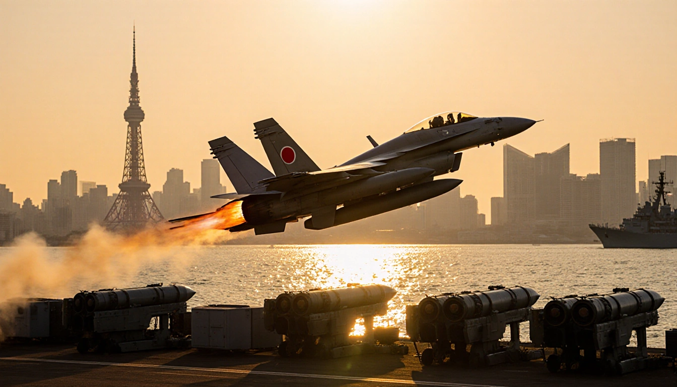 Japanese fighter jet taking off with afterburners lit glowing over Tokyo Bay water and the distant Tokyo Tower.