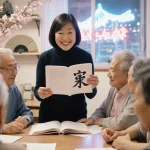 Teacher Ayaka Ono holds up a kanji character with a smile in a language class with older adults and cherry blossoms