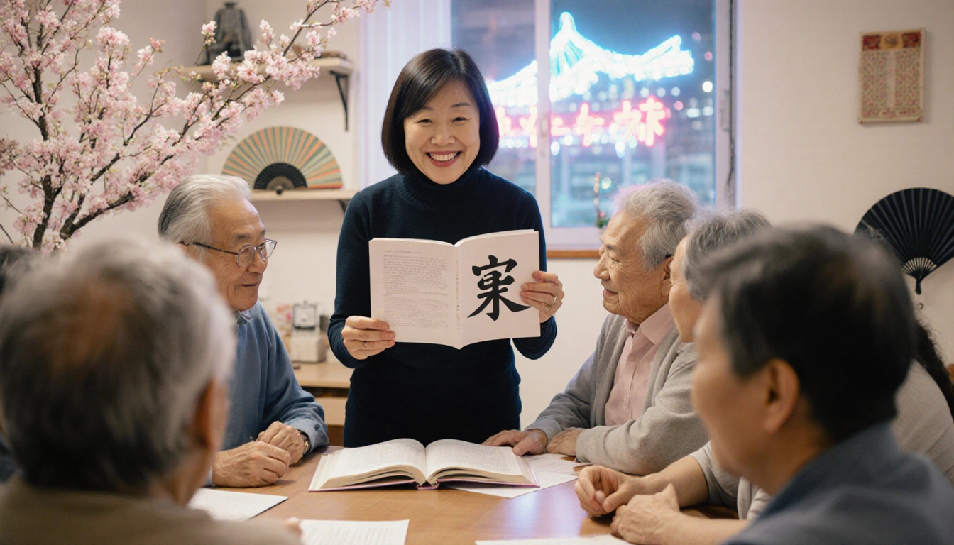 Teacher Ayaka Ono holds up a kanji character with a smile in a language class with older adults and cherry blossoms