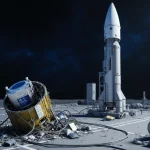 Rocket stands alone on launchpad with torn fairing revealing satellite debris and tangled wires around it