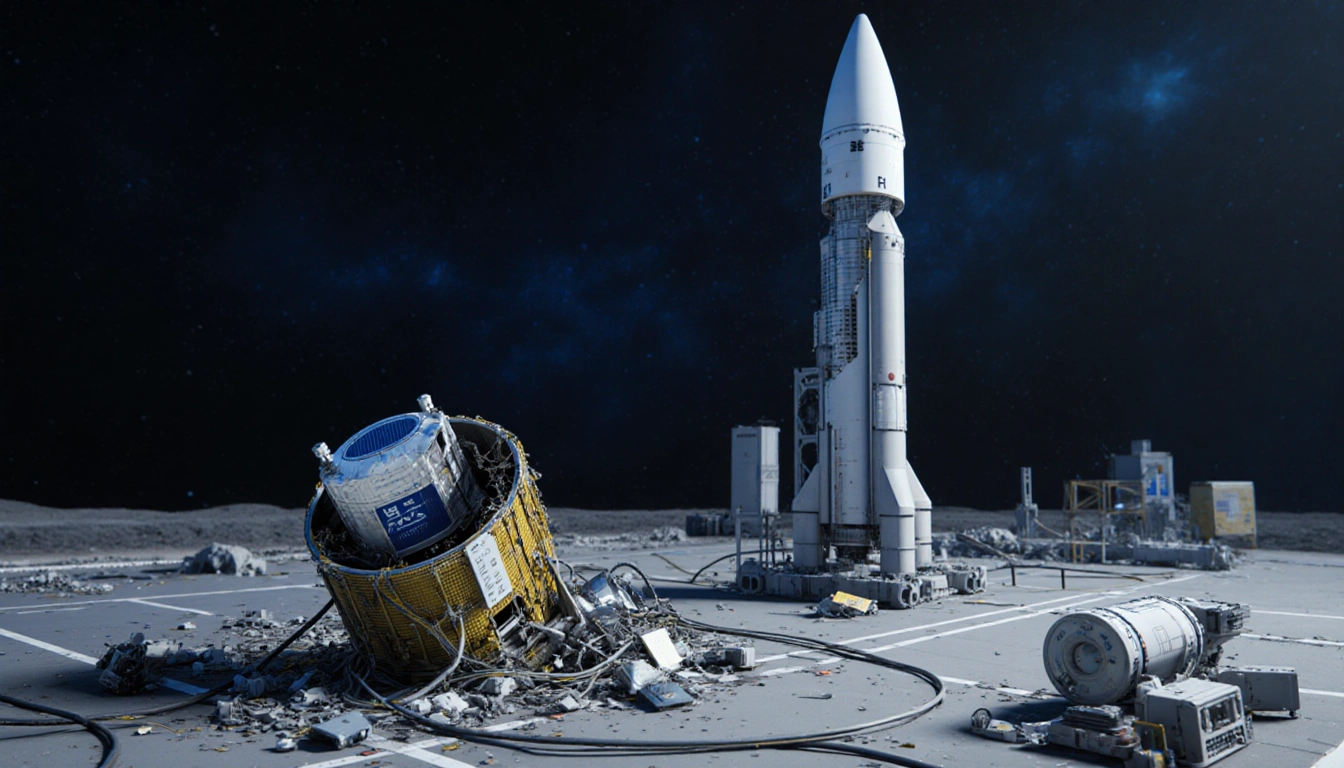 Rocket stands alone on launchpad with torn fairing revealing satellite debris and tangled wires around it