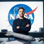 Jared Isaacman standing with NASA logo and blue gradient backdrop and a rocket blueprint with tools and papers nearby.
