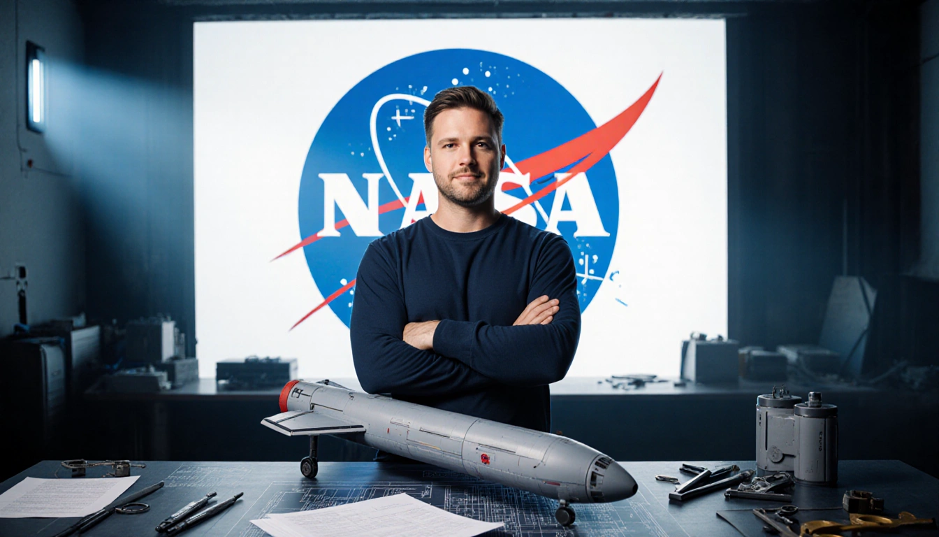 Jared Isaacman standing with NASA logo and blue gradient backdrop and a rocket blueprint with tools and papers nearby.