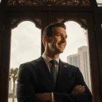 Jared Kushner standing before an ornate door with Miami skyline visible through glass and palm trees in background.