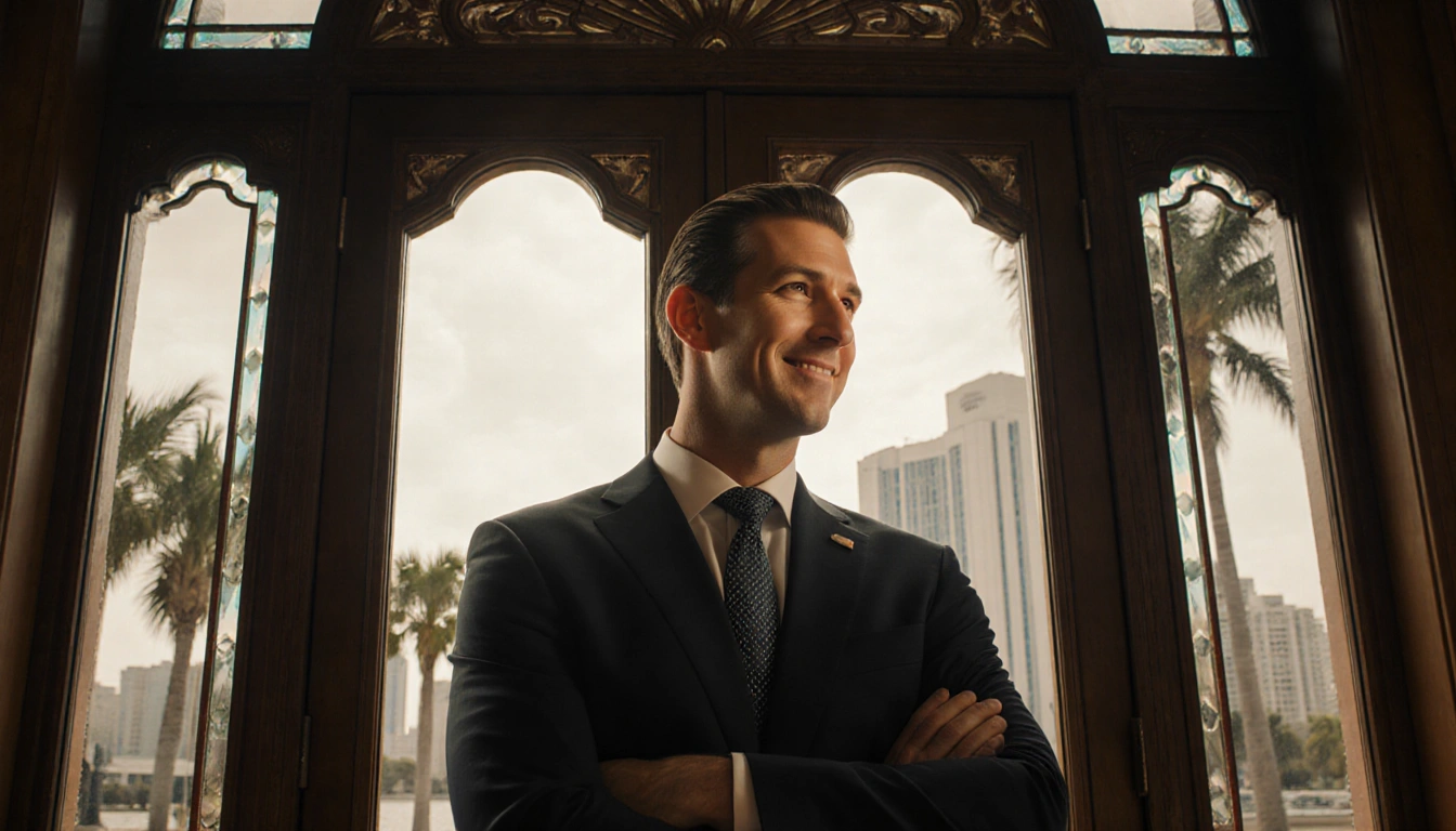 Jared Kushner standing before an ornate door with Miami skyline visible through glass and palm trees in background.