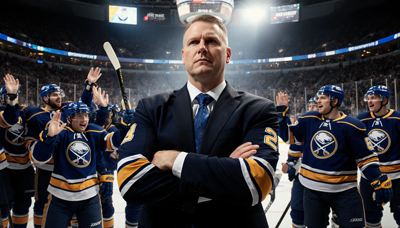 GM Jarmo Kekalainen stands with arms crossed wearing a black and blue Sabres jersey and teammates cheer in the background.