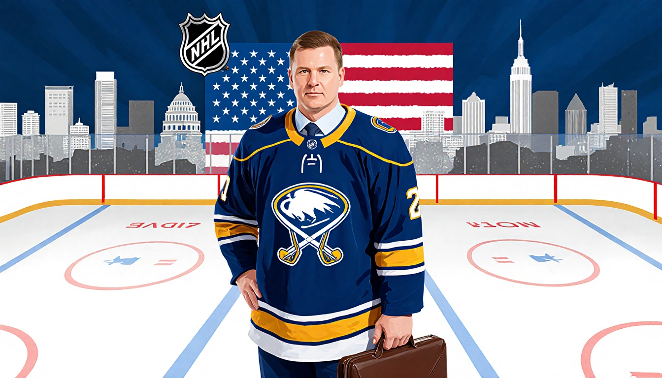 Jarmo Kekalainen GM standing with briefcase and Sabres jersey near a Buffalo cityscape and American flag with Finnish scarf