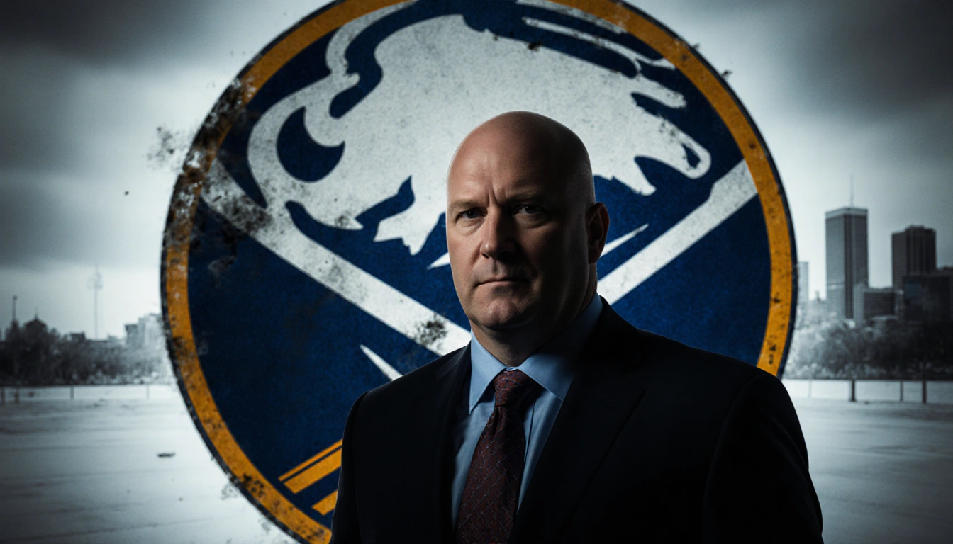 Jarmo Kekalainen stands confidently with a faded Buffalo Sabres logo behind him and a dim cityscape of Buffalo in background