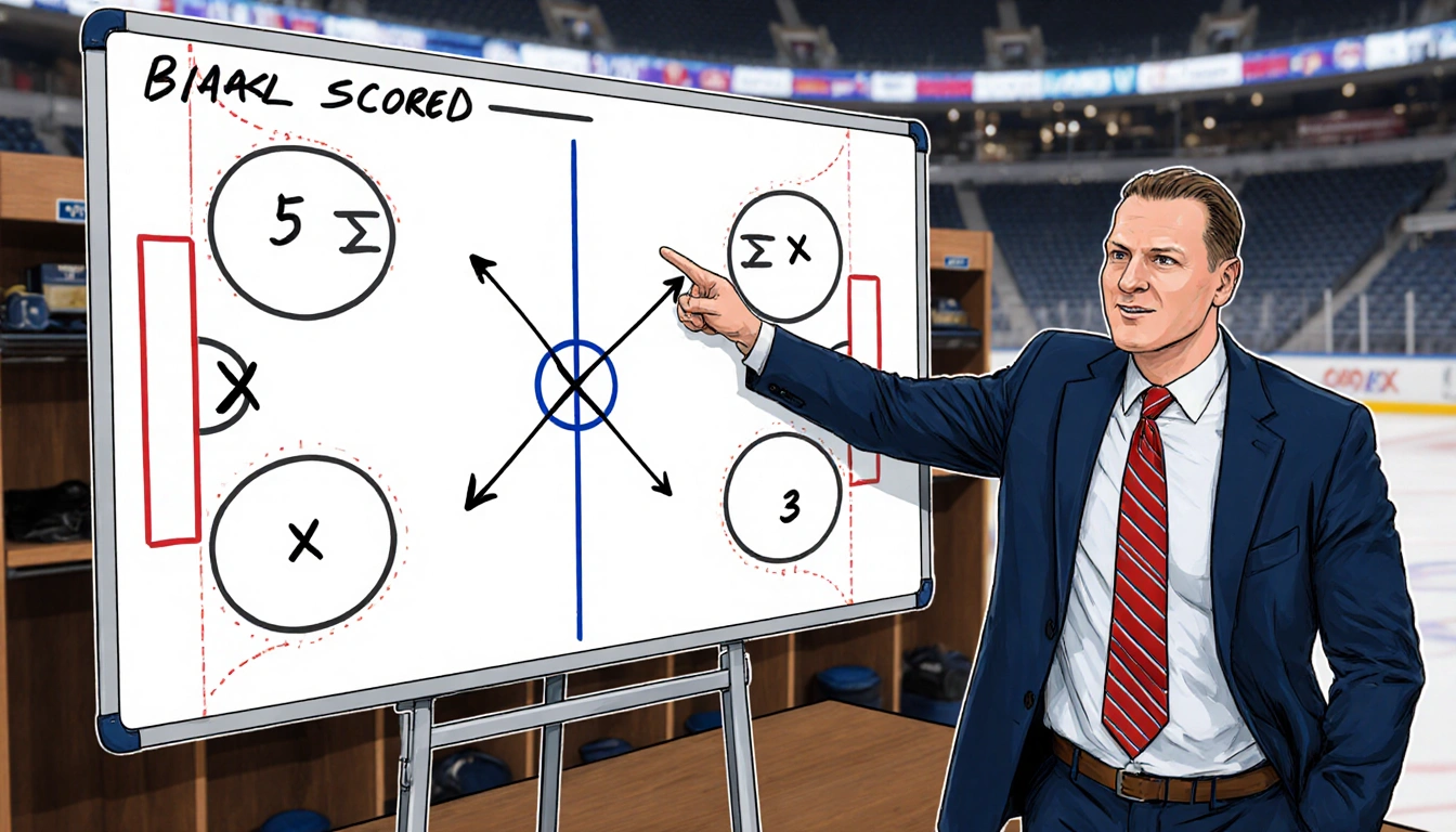 Jarmo Kekalainen pointing at a chalkboard with a 5-3 hockey diagram and a blurred Sabres locker room