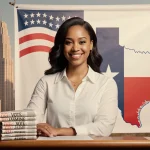 Jasmine Crockett stands at a podium with Texas map and Vote for Jasmine banner and Austin cityscape