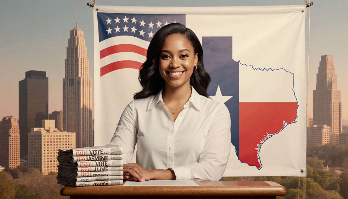 Jasmine Crockett stands at a podium with Texas map and Vote for Jasmine banner and Austin cityscape