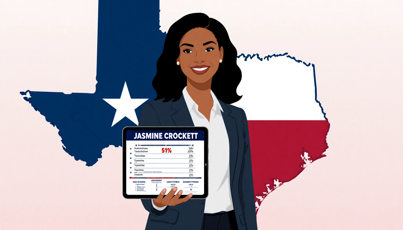 Jasmine Crockett standing confidently with a tablet showing poll results against a subtle Texas flag background and leadershi
