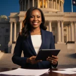Rep. Jasmine Crockett stands triumphantly holding a tablet with technology and Texas Senate backdrop and scattered notes