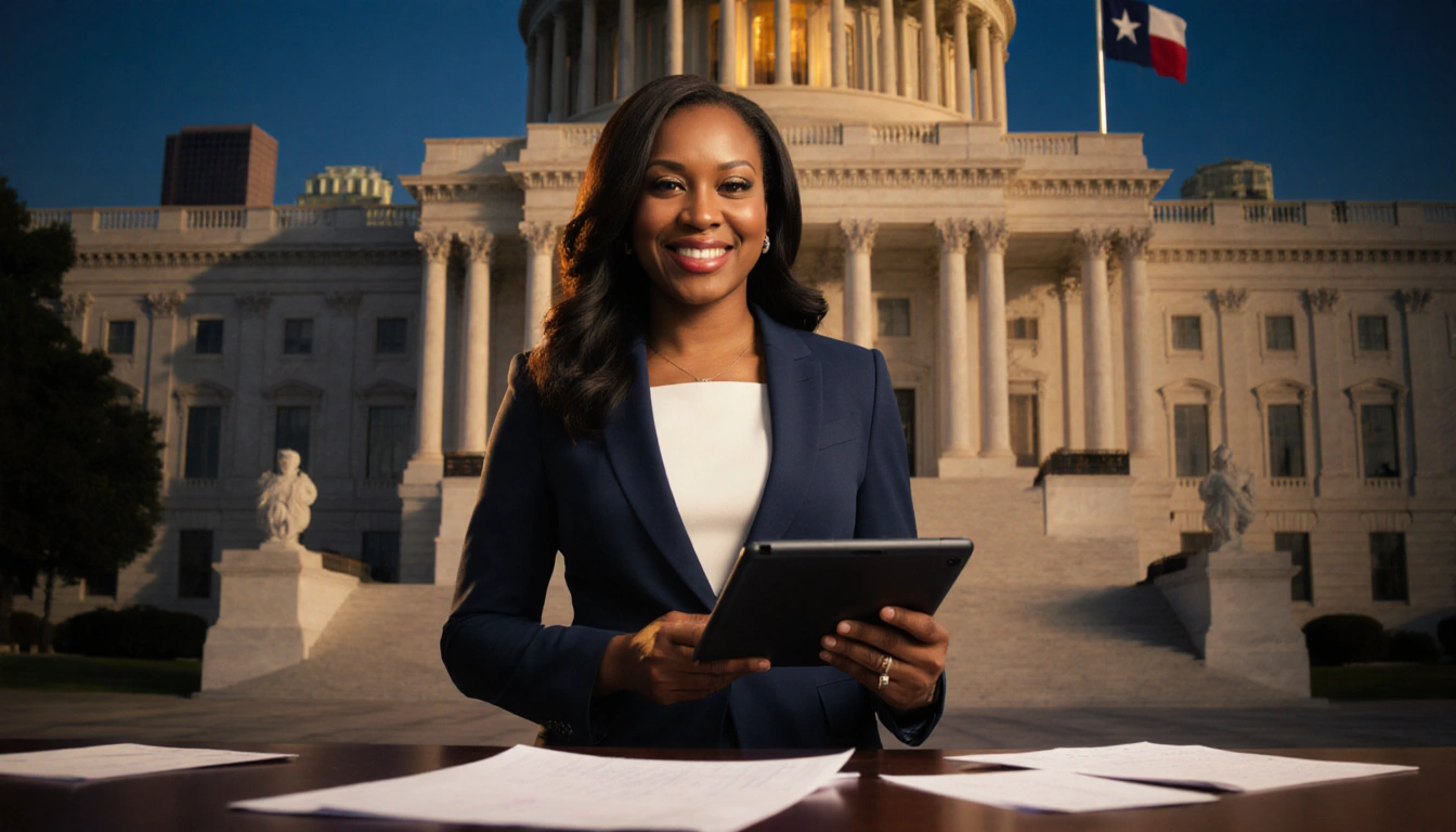 Rep. Jasmine Crockett stands triumphantly holding a tablet with technology and Texas Senate backdrop and scattered notes