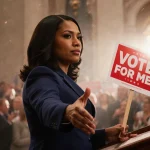 Jasmine Crockett standing at podium holding red Vote for Me sign with warm glow and chaotic Capitol crowd