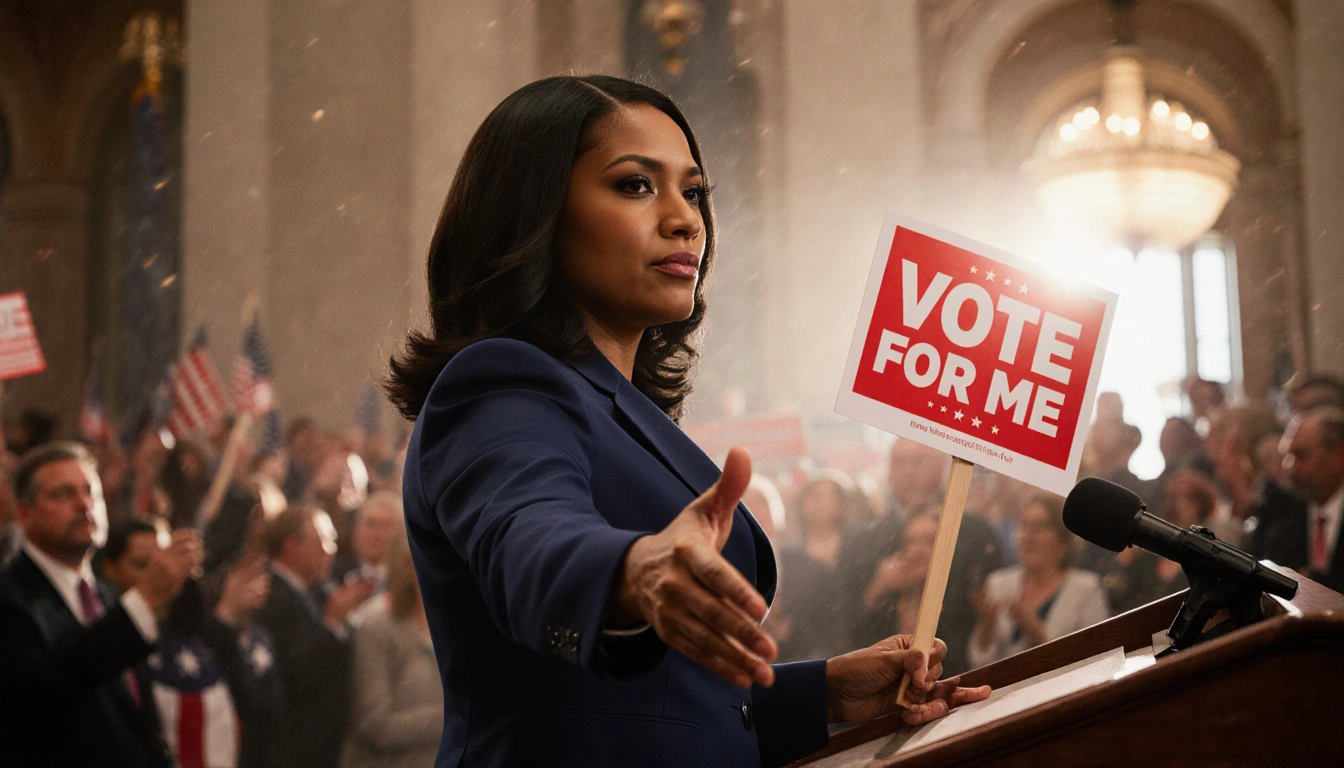 Jasmine Crockett standing at podium holding red Vote for Me sign with warm glow and chaotic Capitol crowd