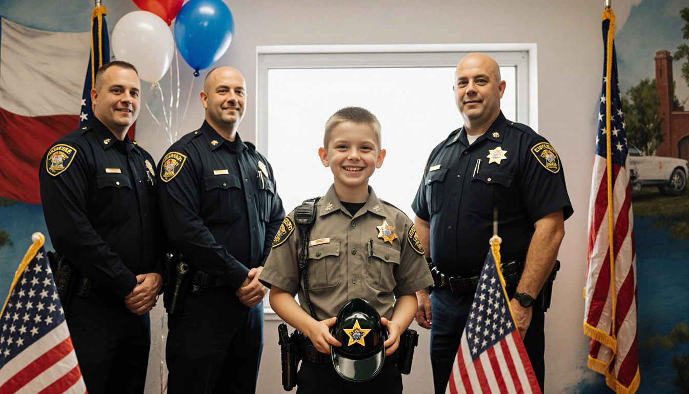Young Jaxson proudly holding a toy sheriff hat with a deputy badge while standing before a Texas flag and balloons