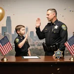 Jaxson Zimmerman stands proudly beside an Officer swearing in as a deputy his leukemia warrior expression with confetti.