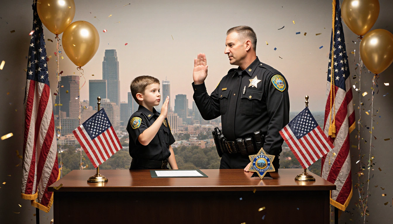 Jaxson Zimmerman stands proudly beside an Officer swearing in as a deputy his leukemia warrior expression with confetti.