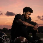 Jayden Daniels sits on a dimly lit football field at sunset with scattered football gear and a medical bag and his face downt