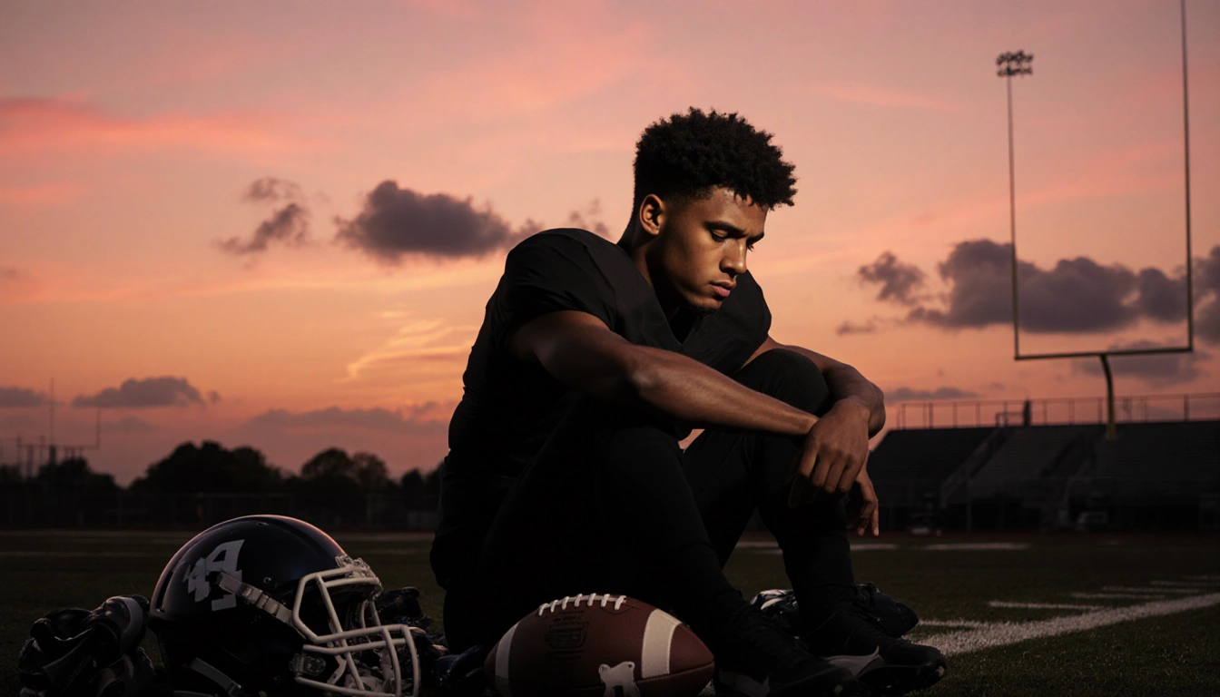 Jayden Daniels sits on a dimly lit football field at sunset with scattered football gear and a medical bag and his face downt