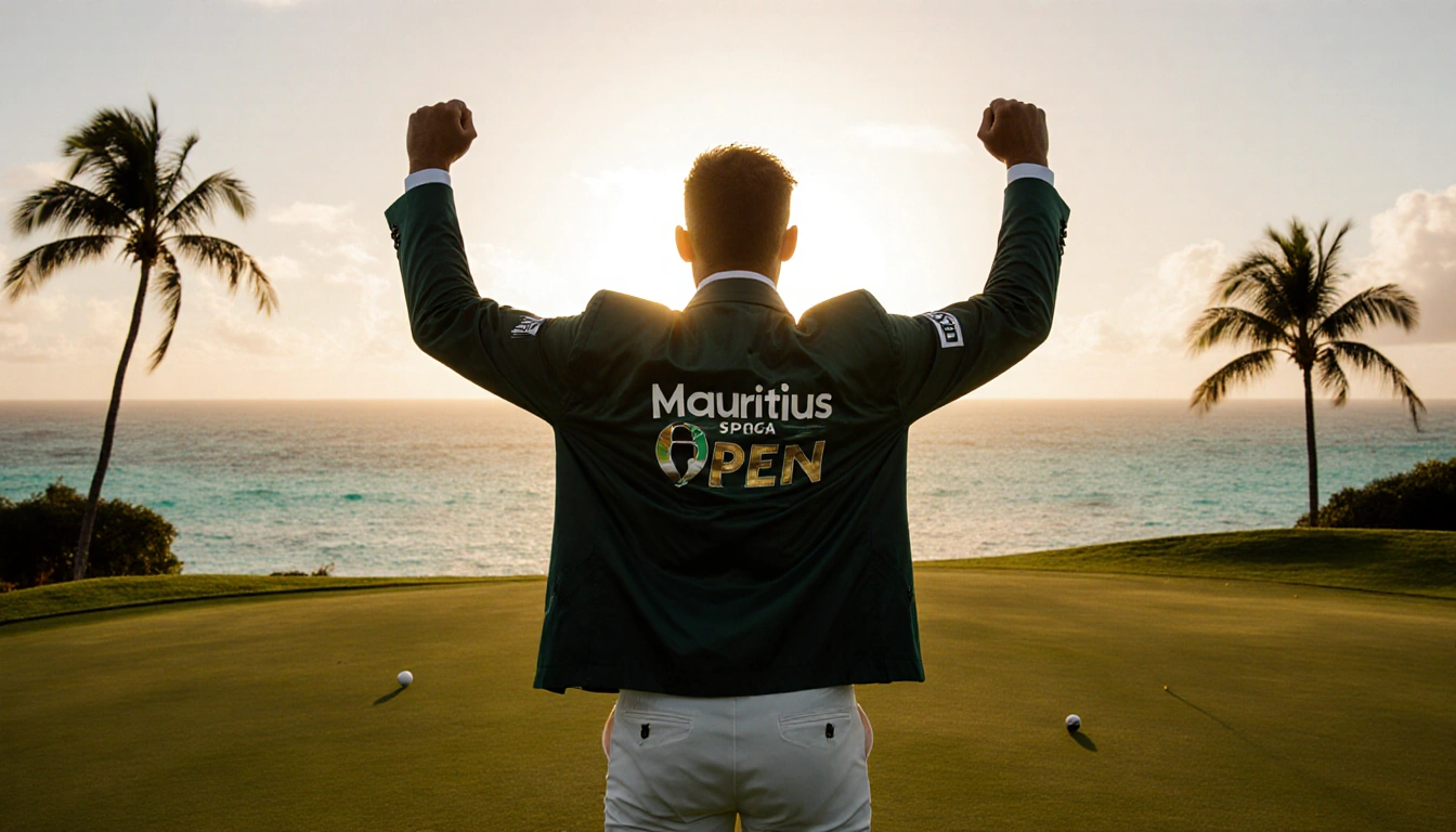 Jayden Schaper triumphantly raising his arms with sunset gold light on a lush golf course and turquoise waters nearby